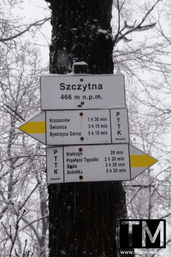 Tabliczka na szczycie Szczytnej - Wzgórza Kiełczyńskie