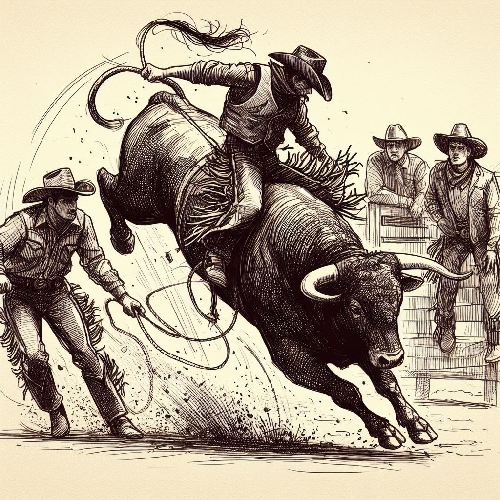 Mężczyzna ujeżdżający byka na rodeo