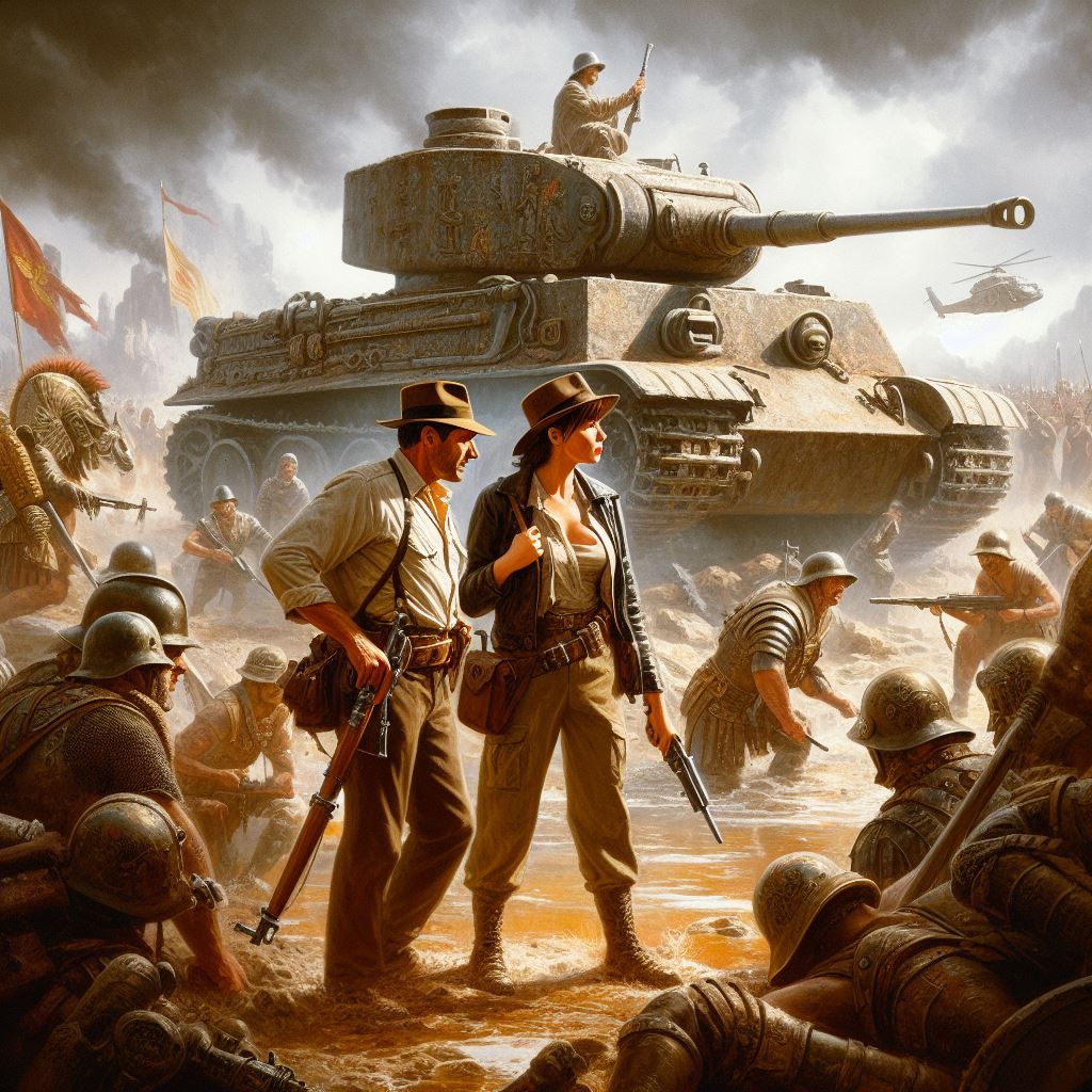 Indiana Jones i Lara Croft widzą wojowników rzymskich przy czołgu