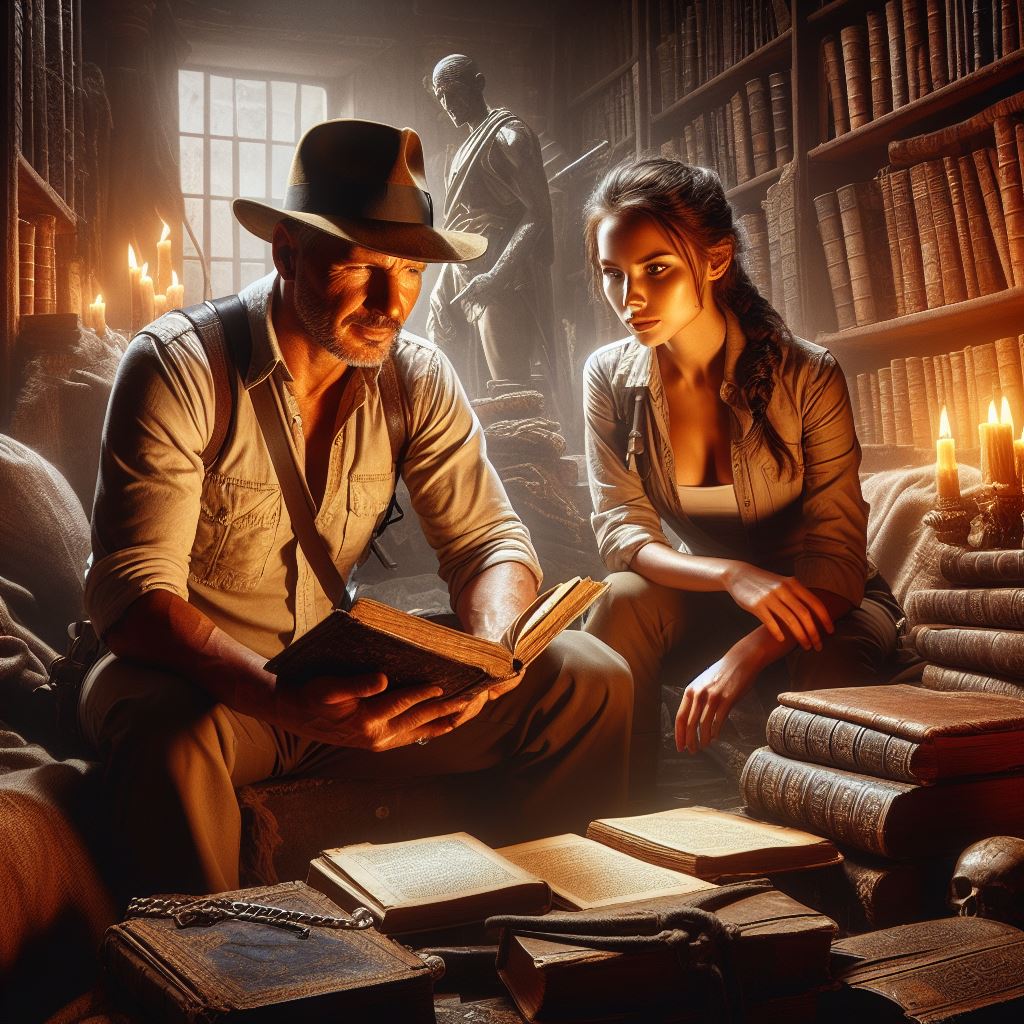 Indiana Jones i Lara Croft w bibliotece czytają książki