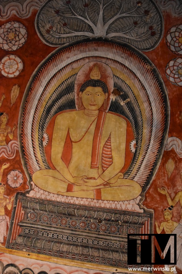 Malunek siedzącego Buddy w Złotej Świątyni w Dambulli